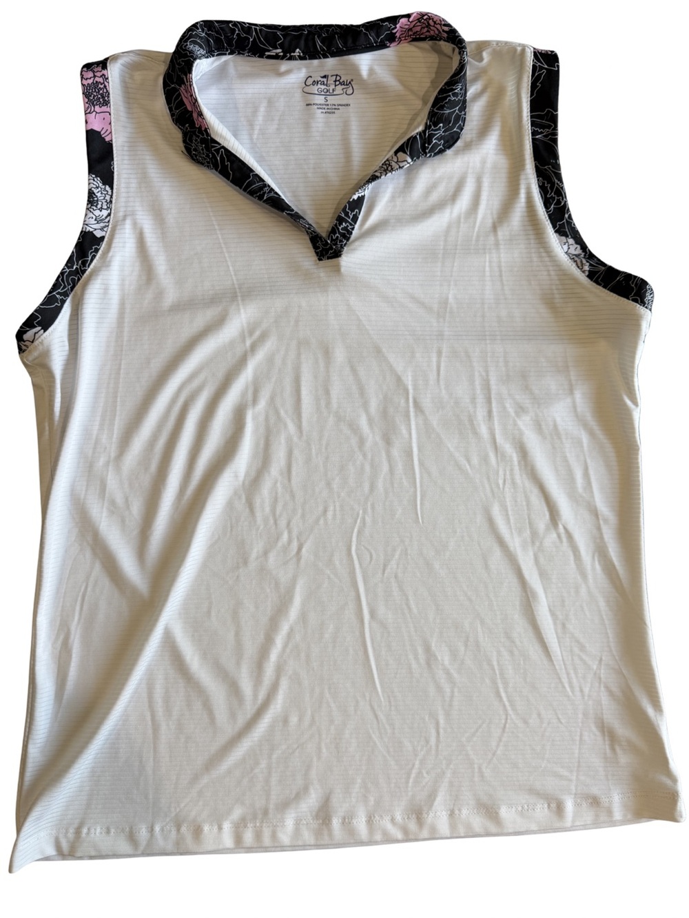 Coral Bay Golf Sleeveless Polo Top Size Small White Floral Trim Performance
